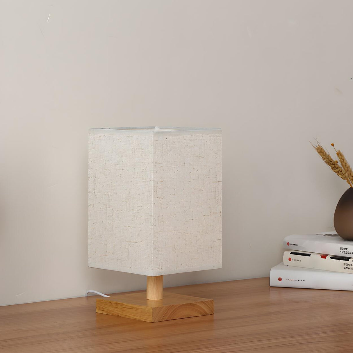 Unique Fabric Shade Wooden Base Rectangular Table Lamp Image - 3