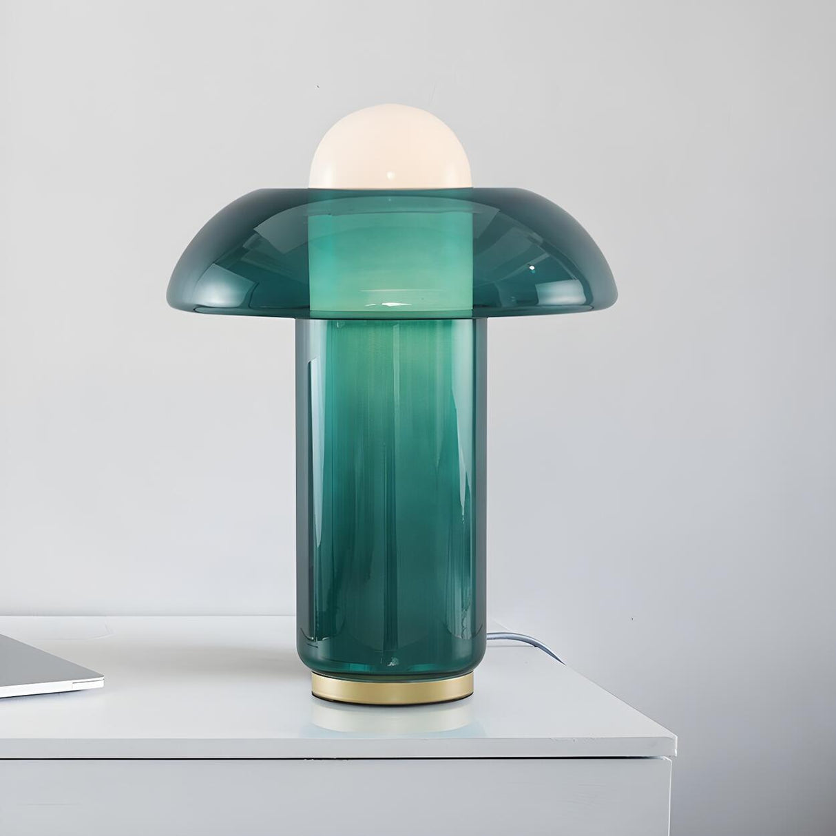 Unique Green Glass Columnar Geometric Modern Table Lamp Image - 1