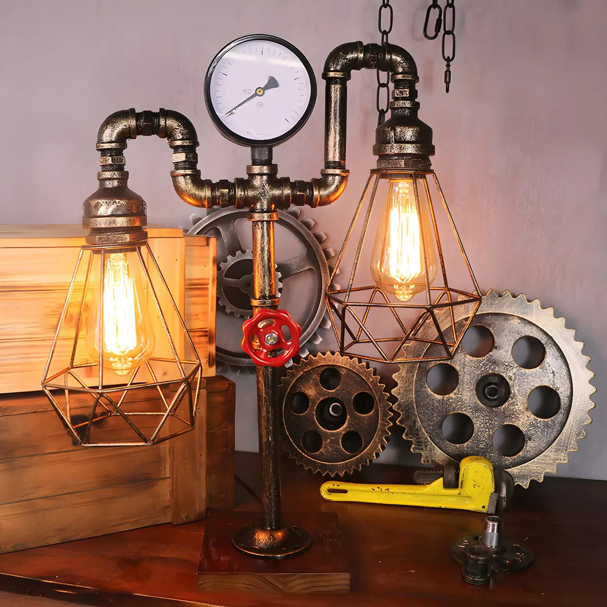 Unique Industrial Pipe Wrought Iron Bedroom Table Lamp Image - 16