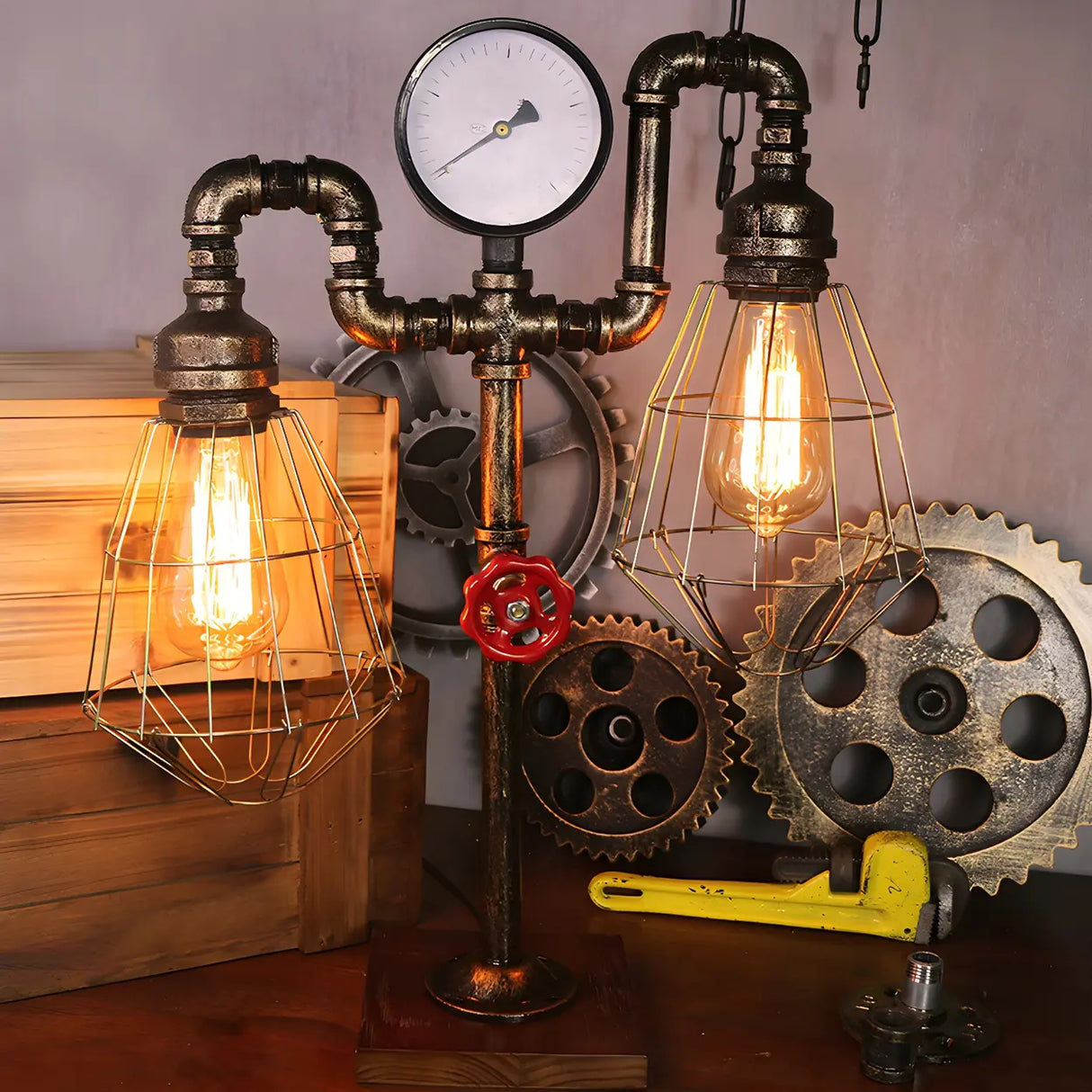 Unique Industrial Pipe Wrought Iron Bedroom Table Lamp Image - 17