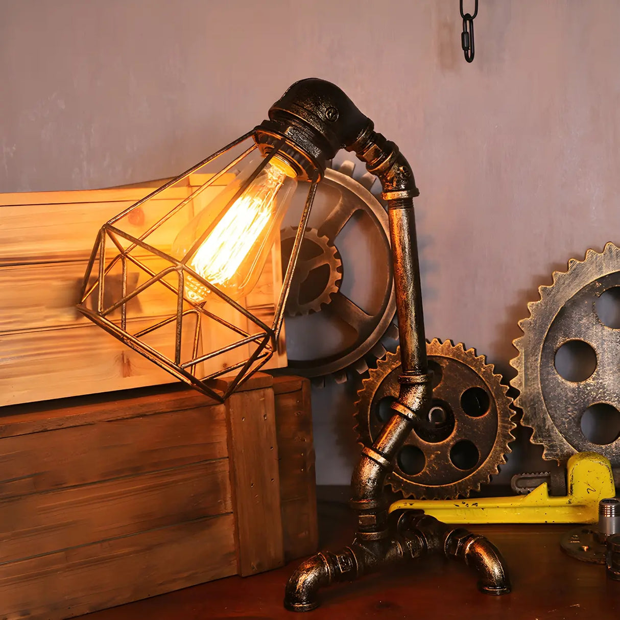 Unique Industrial Pipe Wrought Iron Bedroom Table Lamp Image - 21