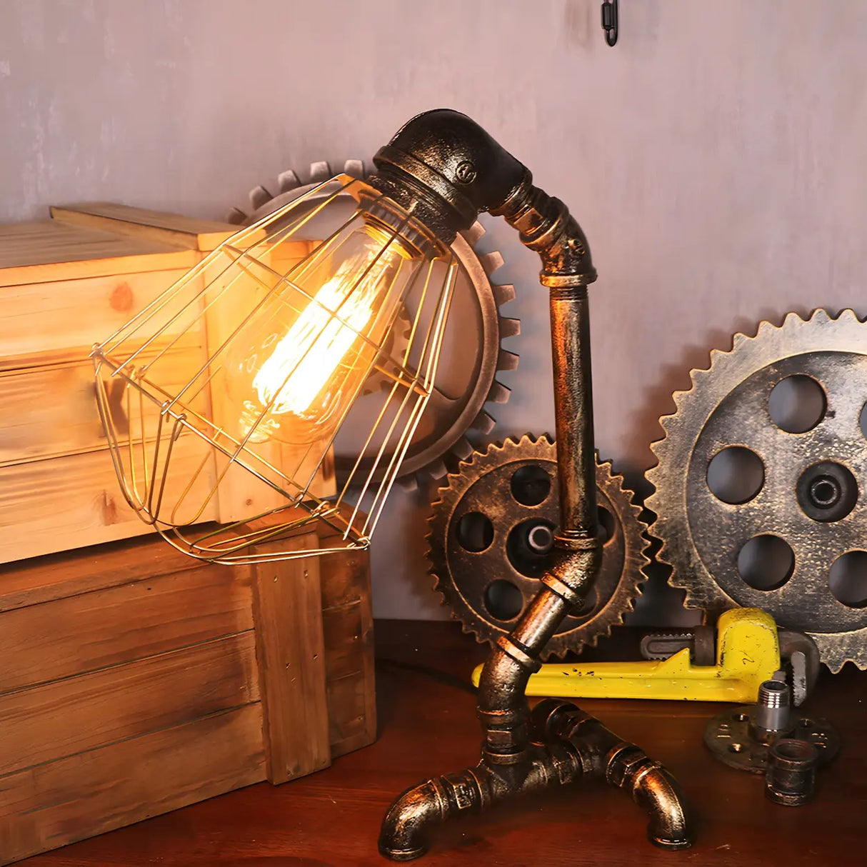 Unique Industrial Pipe Wrought Iron Bedroom Table Lamp Image - 23