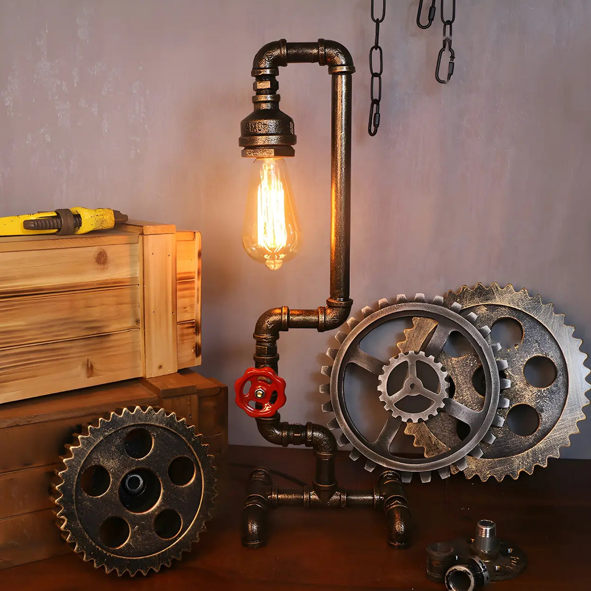 Unique Industrial Pipe Wrought Iron Bedroom Table Lamp Image - 6