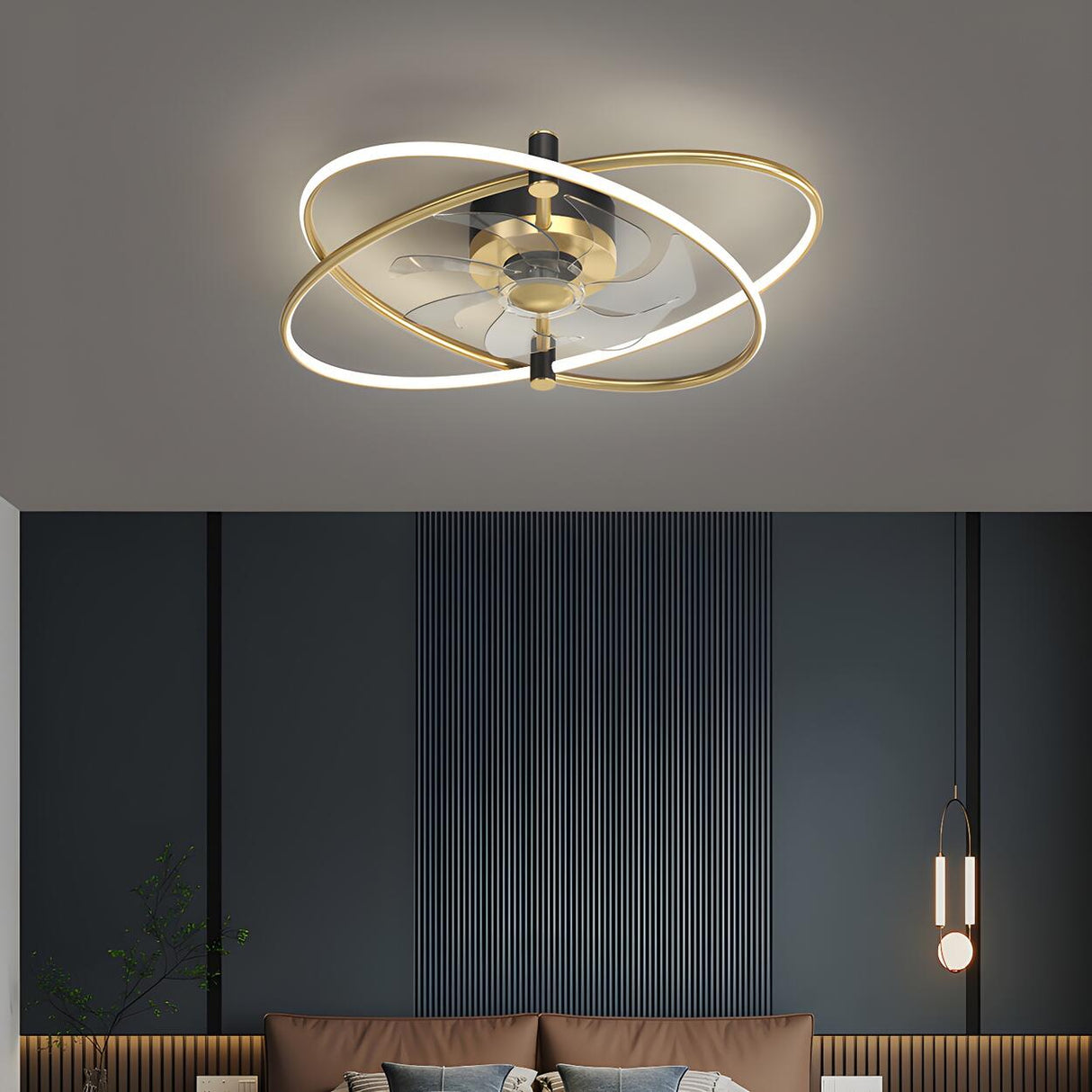 Unique Modern Metal Double Ring Ceiling Fan with Light Image - 2