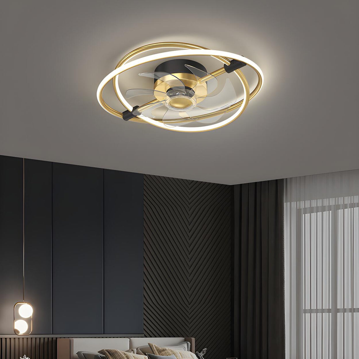 Unique Modern Metal Double Ring Ceiling Fan with Light Image - 3