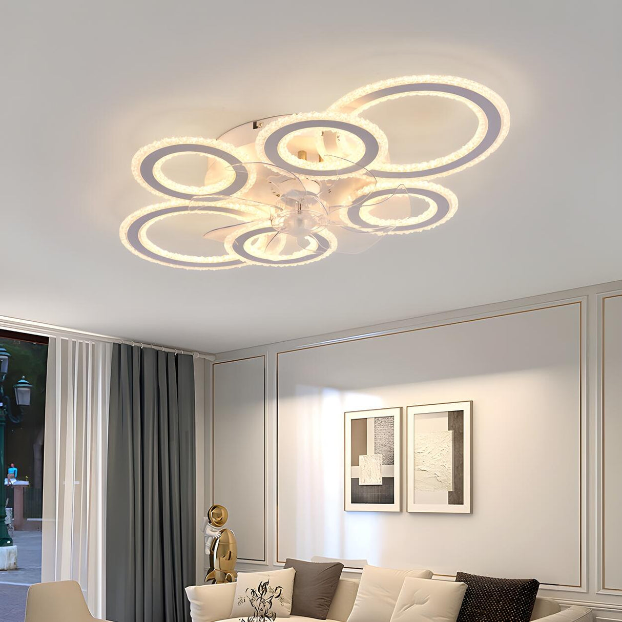 Unique Multi-Ring Geometric Flush Ceiling Fan Light Image - 4