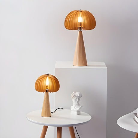 Unique Mushroom Shape Cone Wood Veneer Base Table Lamp Image - 1