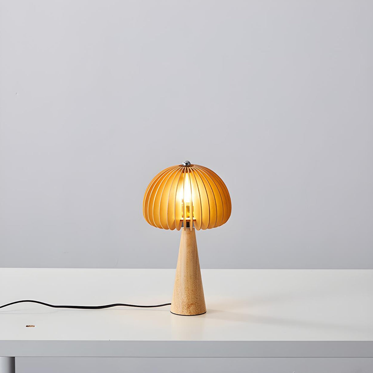 Unique Mushroom Shape Cone Wood Veneer Base Table Lamp Image - 10