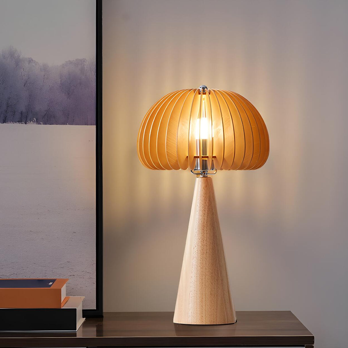 Unique Mushroom Shape Cone Wood Veneer Base Table Lamp Image - 3