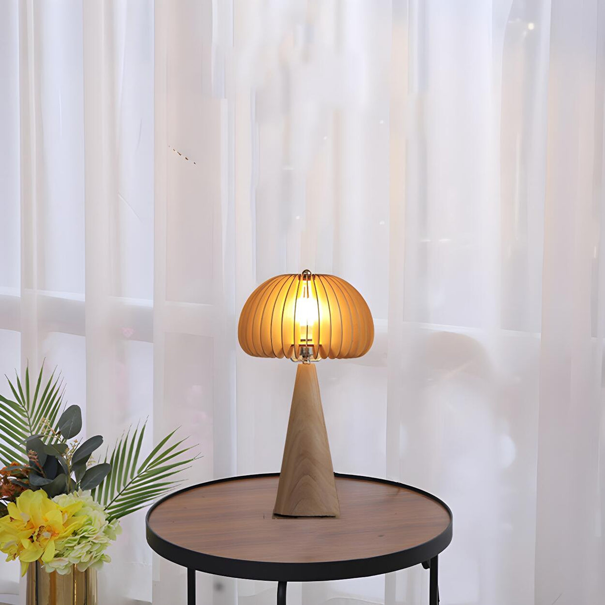 Unique Mushroom Shape Cone Wood Veneer Base Table Lamp Image - 4