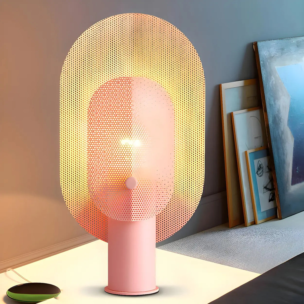 Unique Oval Grid Pink Metal Decorative Table Lamp Image - 1