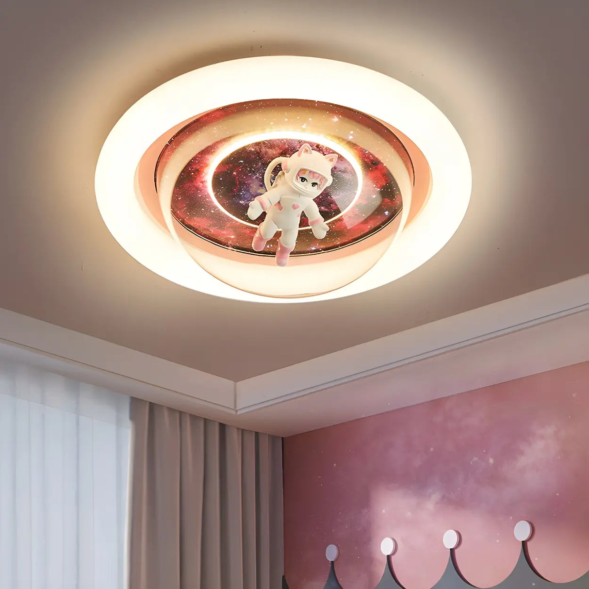 Unique Pink Circular Astronaut Flush Mount Ceiling Lamp Image - 3