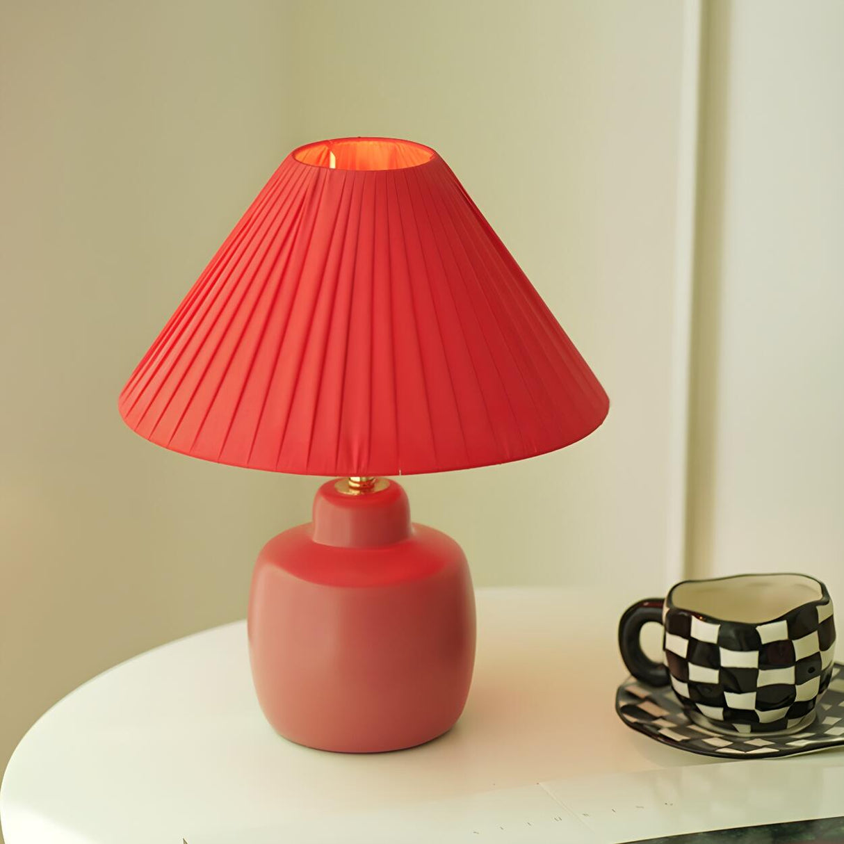 Unique Pleated Fabric Geometric Base Red Table Lamp Image - 11