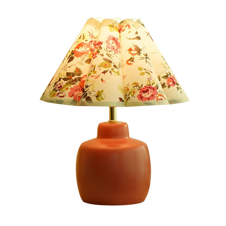 Unique Pleated Fabric Geometric Base Red Table Lamp Image - 2