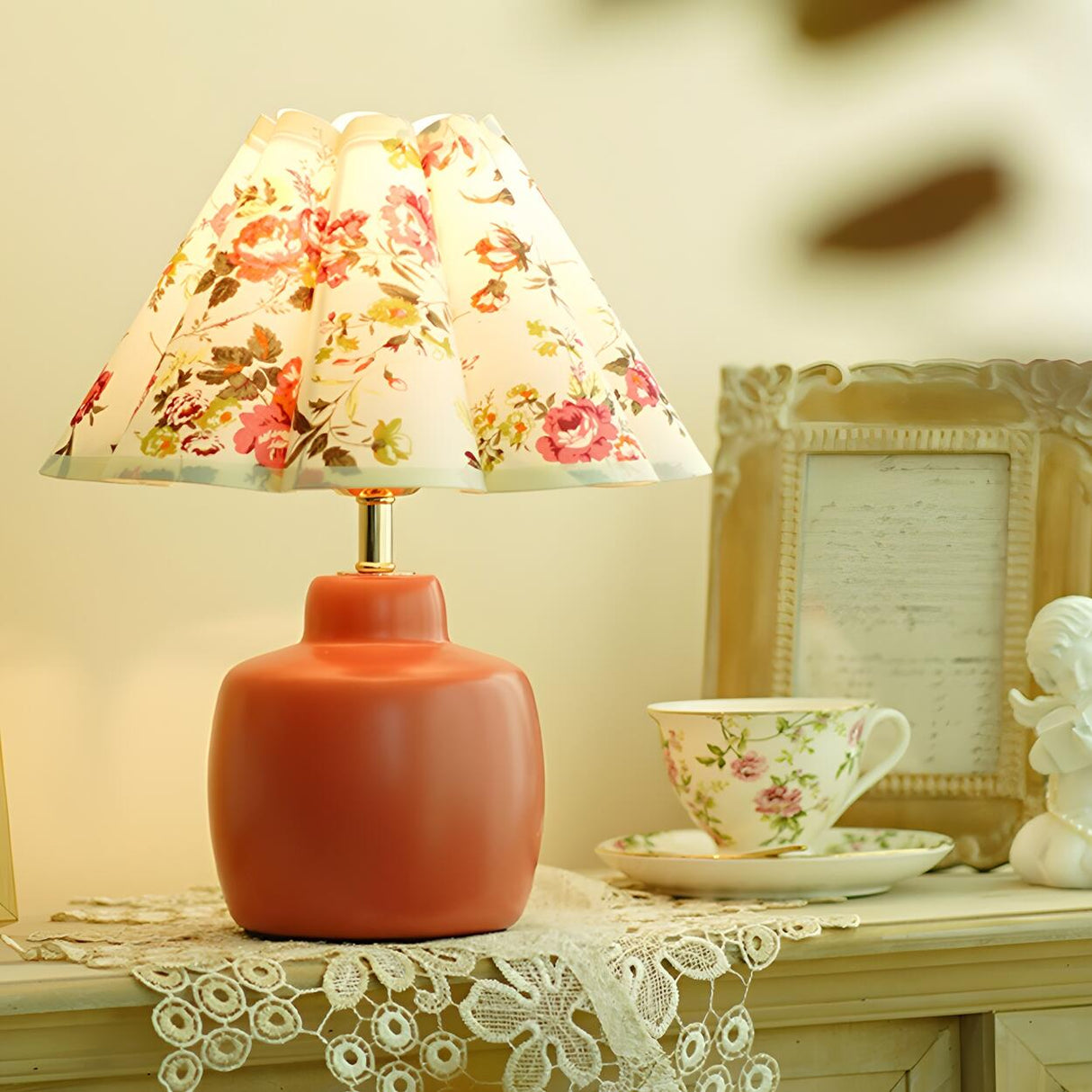 Unique Pleated Fabric Geometric Base Red Table Lamp Image - 3