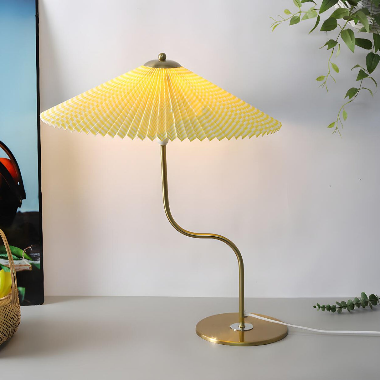 Unique Pleated Fabric Umbrella Curved Arm Table Lamp Image - 1