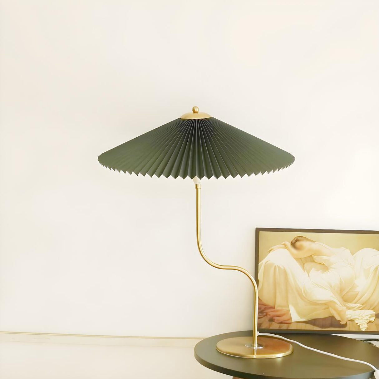 Unique Pleated Fabric Umbrella Curved Arm Table Lamp Image - 4