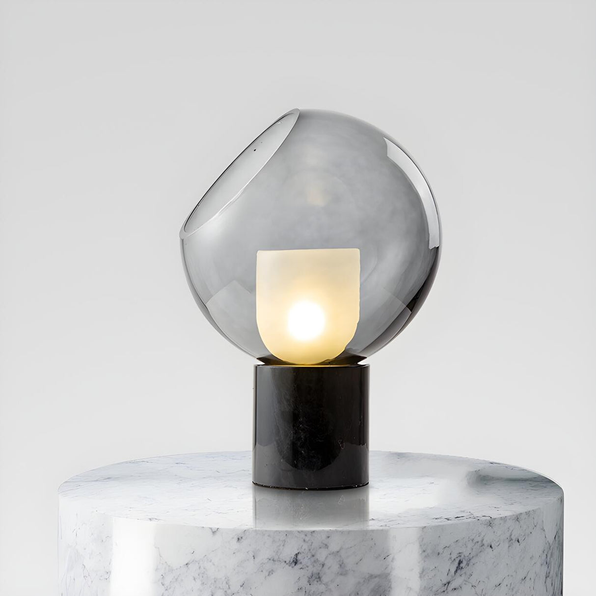 Unique Smoked Grey Glass Column Marble Base Table Lamp Image - 1