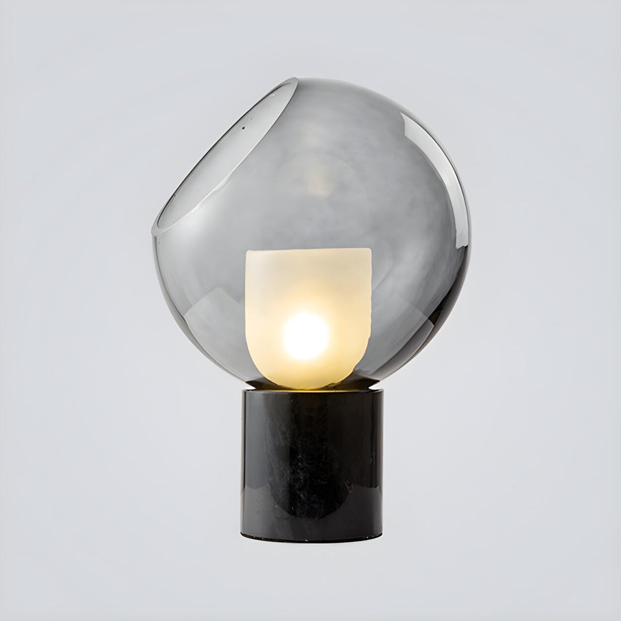 Unique Smoked Grey Glass Column Marble Base Table Lamp Image - 2