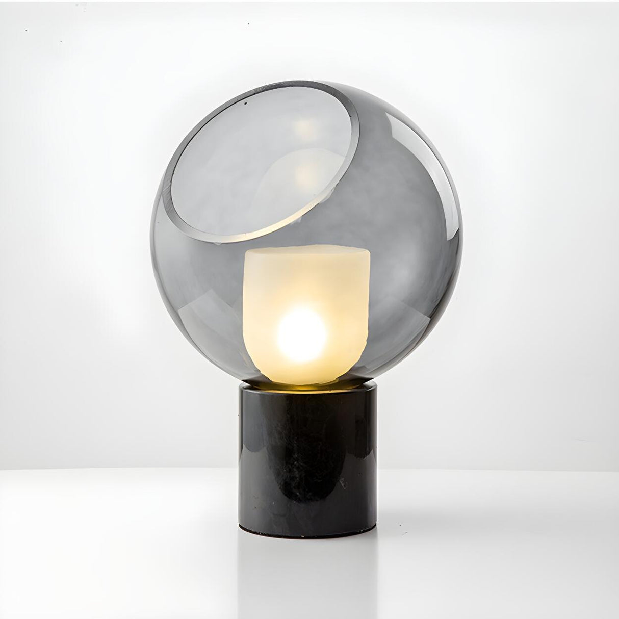 Unique Smoked Grey Glass Column Marble Base Table Lamp Image - 9