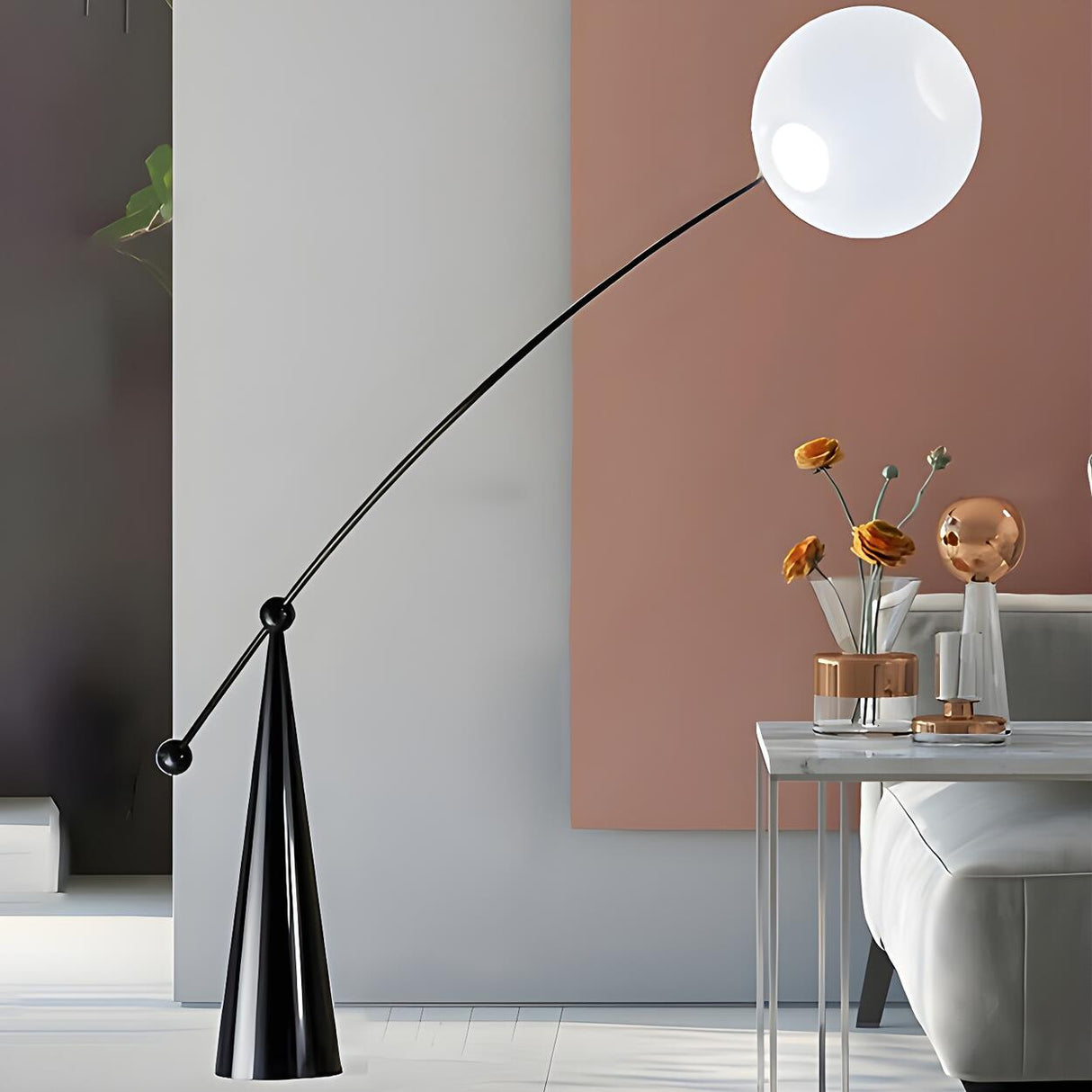 Unique Spherical Shade and Arched Metal Floor Lamp Image - 14