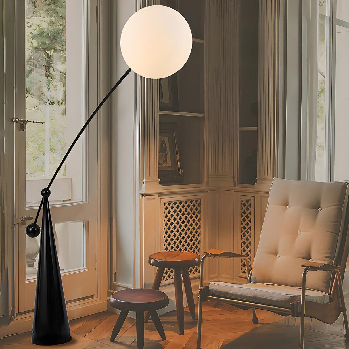 Unique Spherical Shade and Arched Metal Floor Lamp Image - 17