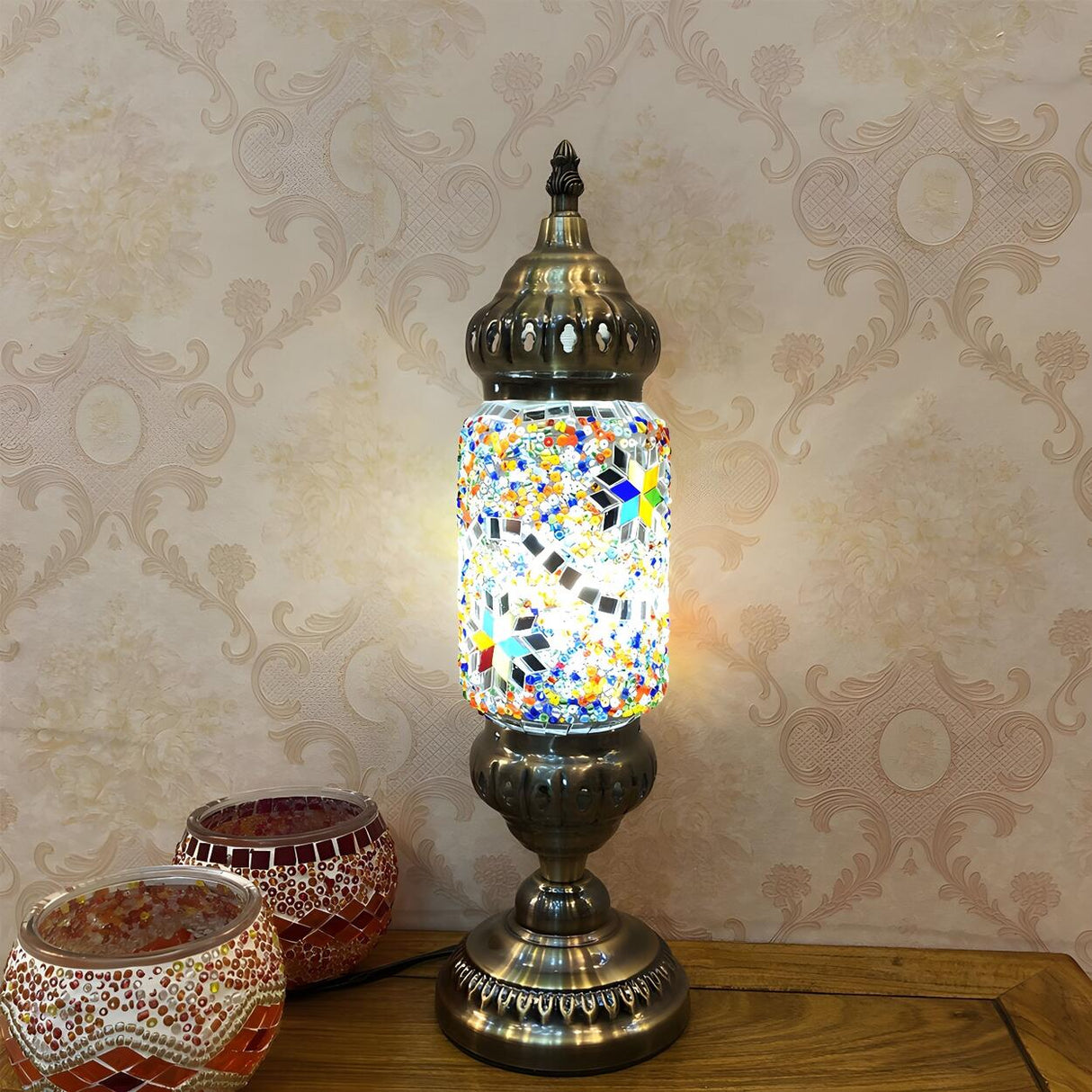 Unique Turkish Mosaic Standing Glass Bedside Table Lamp Image - 1