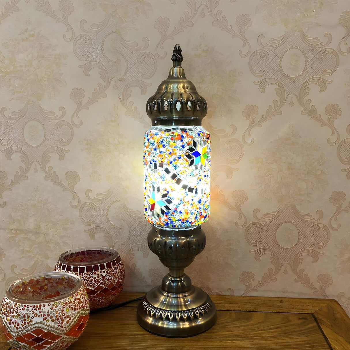 Unique Turkish Mosaic Standing Glass Bedside Table Lamp Image - 3