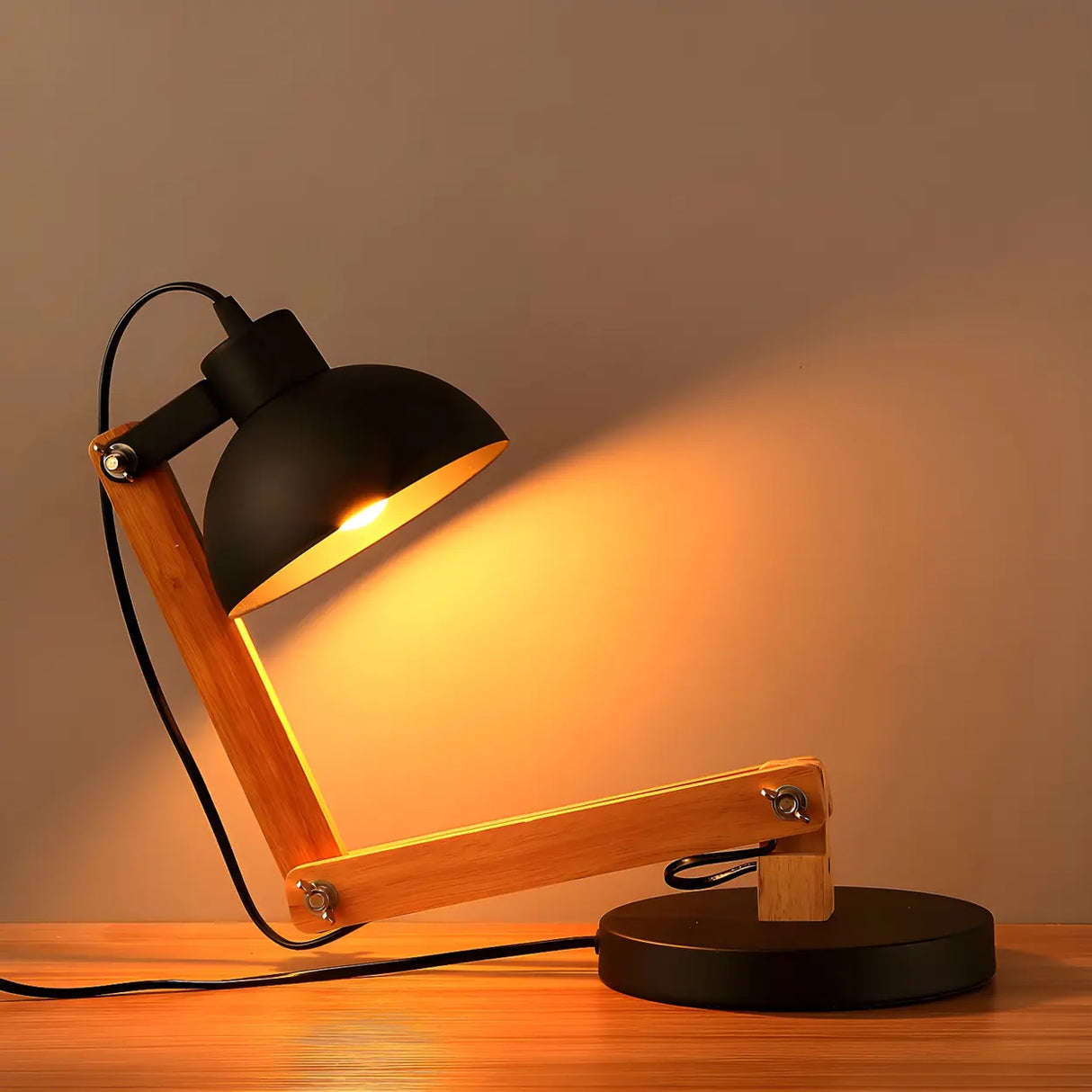 Unique Wood Base Adjustable Black Bowl Shade Desk Lamp Image - 2