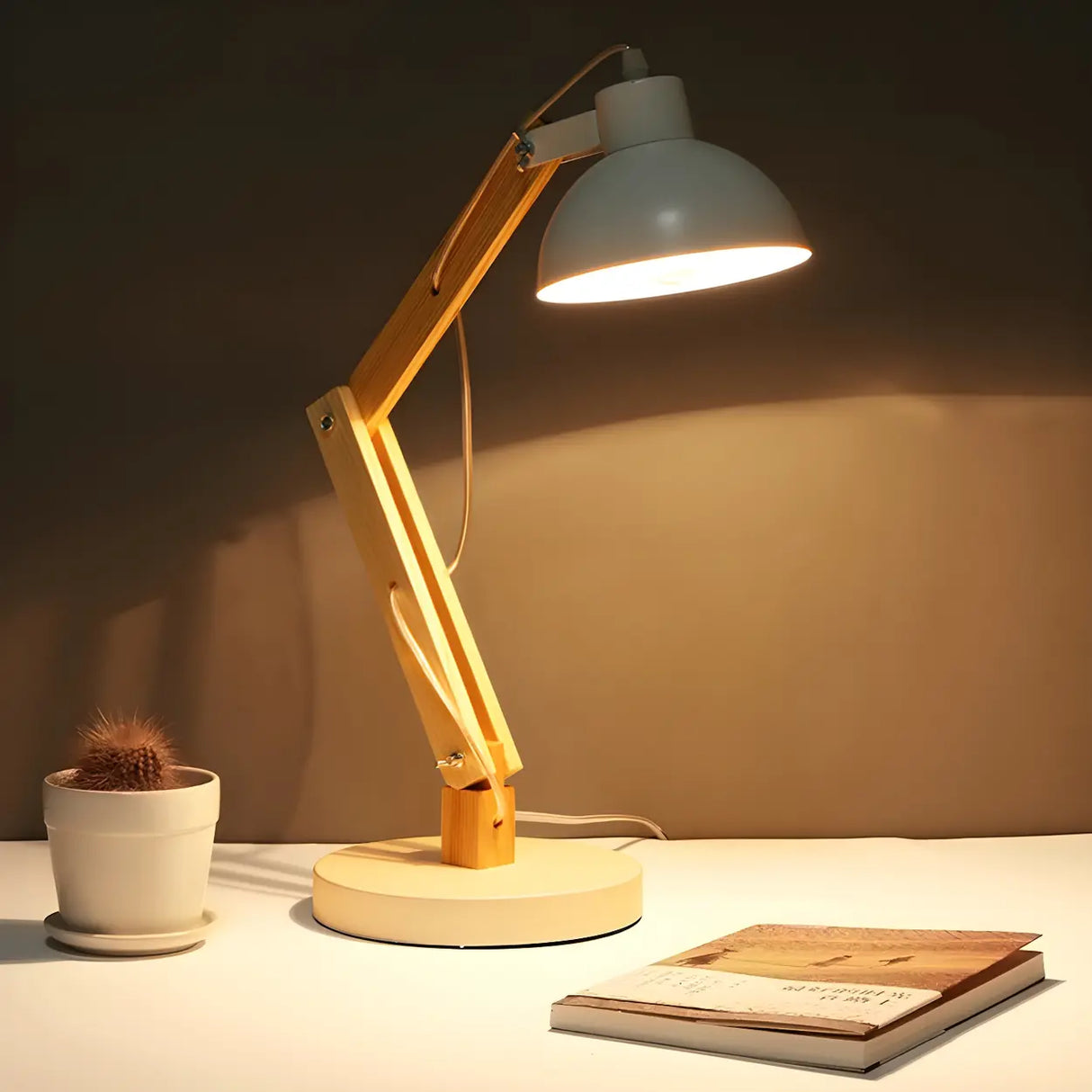 Unique Wood Base Adjustable Black Bowl Shade Desk Lamp Image - 6