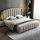 Upholstered Beige Headboard and Footboard Queen Wingback Bed Image - 1