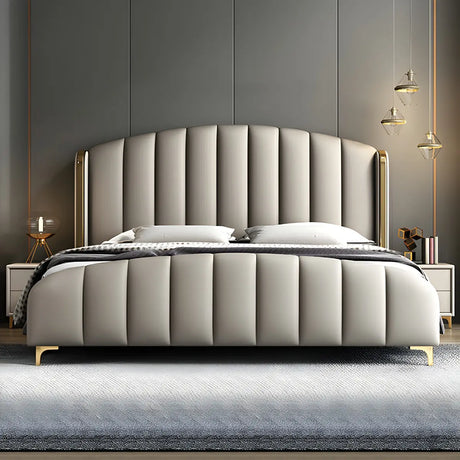 Upholstered Beige Headboard and Footboard Queen Wingback Bed Image - 2