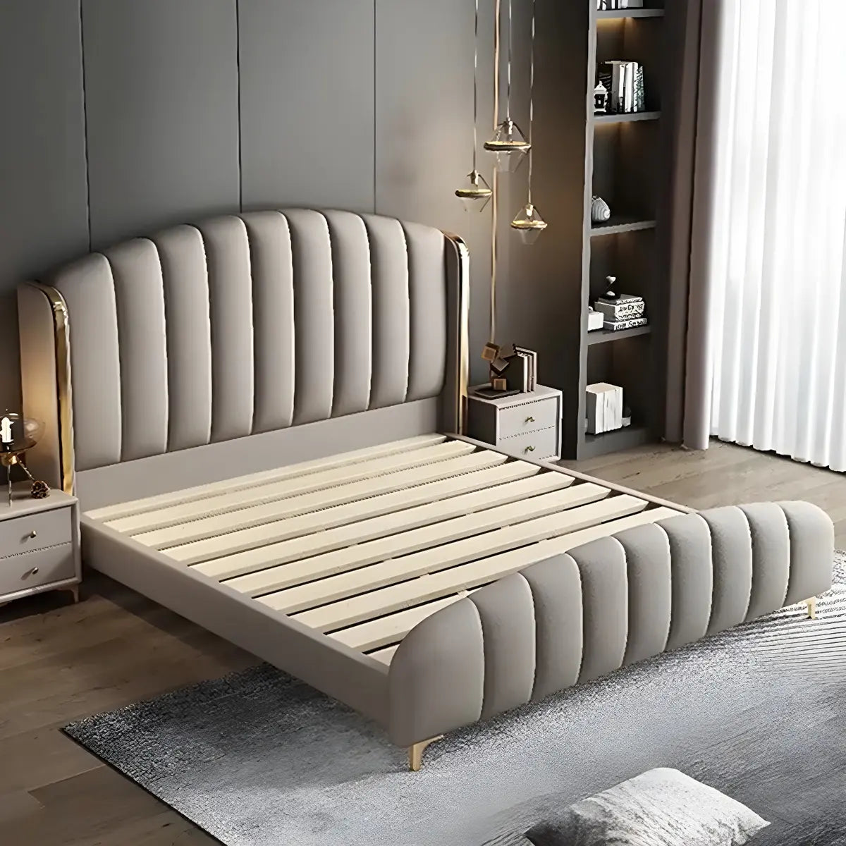 Upholstered Beige Headboard and Footboard Queen Wingback Bed Image - 3