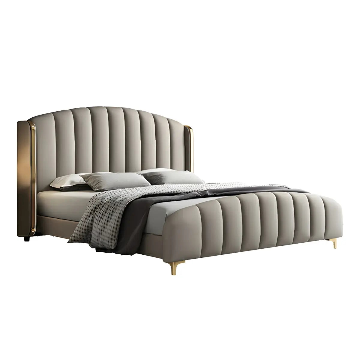 Upholstered Beige Headboard and Footboard Queen Wingback Bed Image - 5