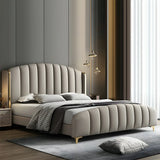 Upholstered Beige Headboard and Footboard Queen Wingback Bed Image - 9