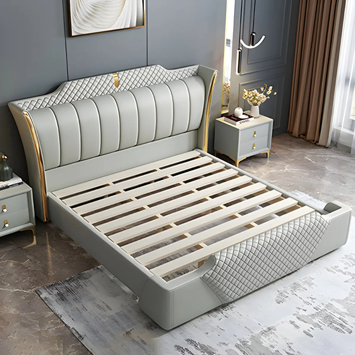 Upholstered Green Queen Wingback Storage Bed with Footboard Image - 3