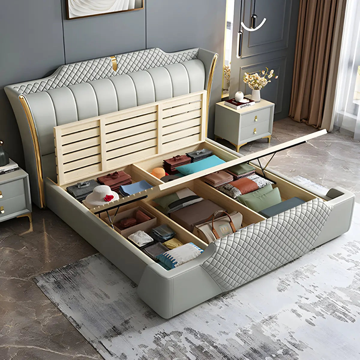 Upholstered Green Queen Wingback Storage Bed with Footboard Image - 4