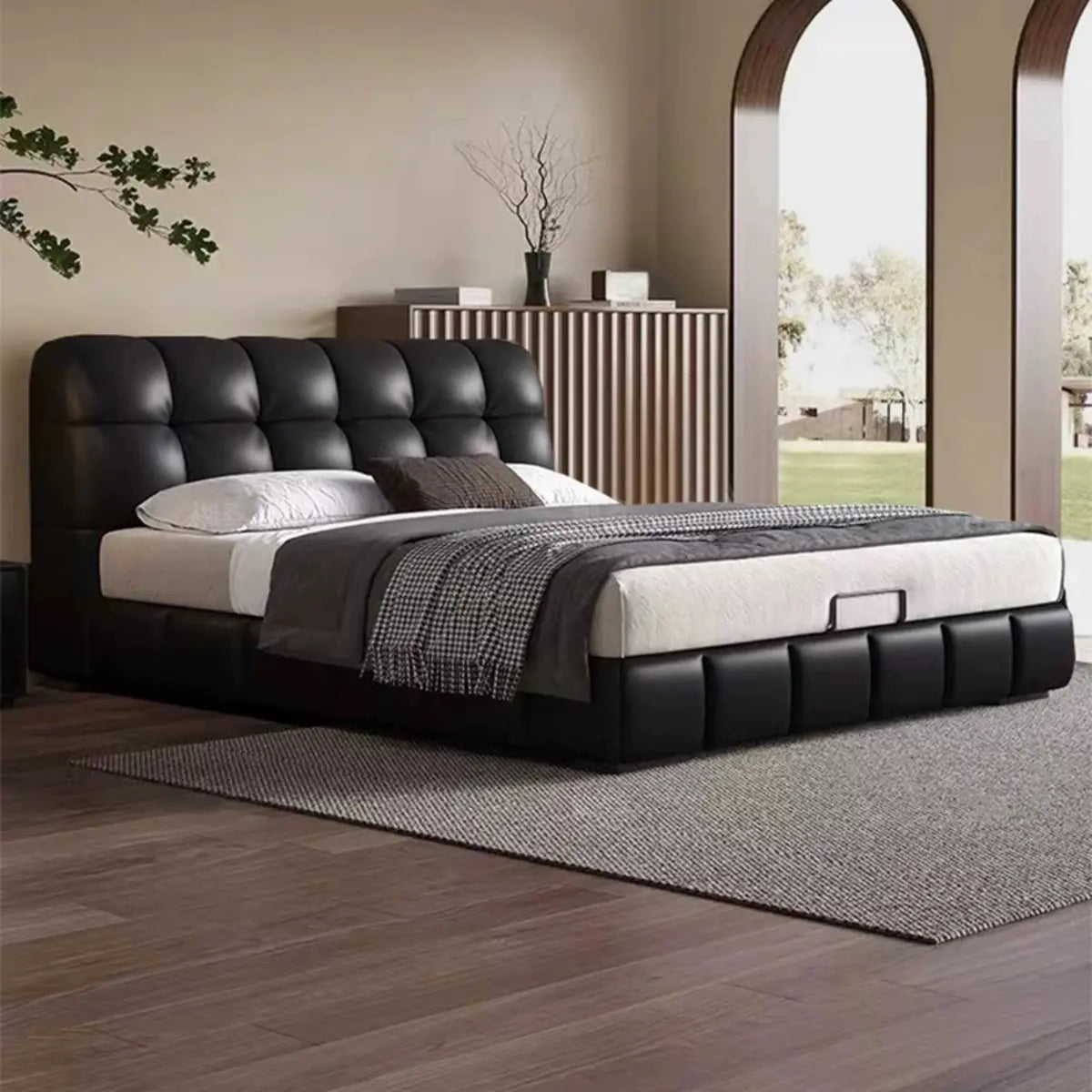 Upholstered Headboard Leather Black King Lift Up Storage Bed Image - 2