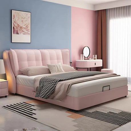 Upholstered Headboard Leather Pink Wingback Bed with Storage Image - 1