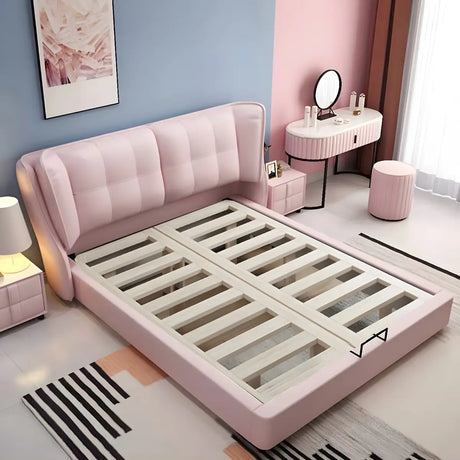 Upholstered Headboard Leather Pink Wingback Bed with Storage Image - 2