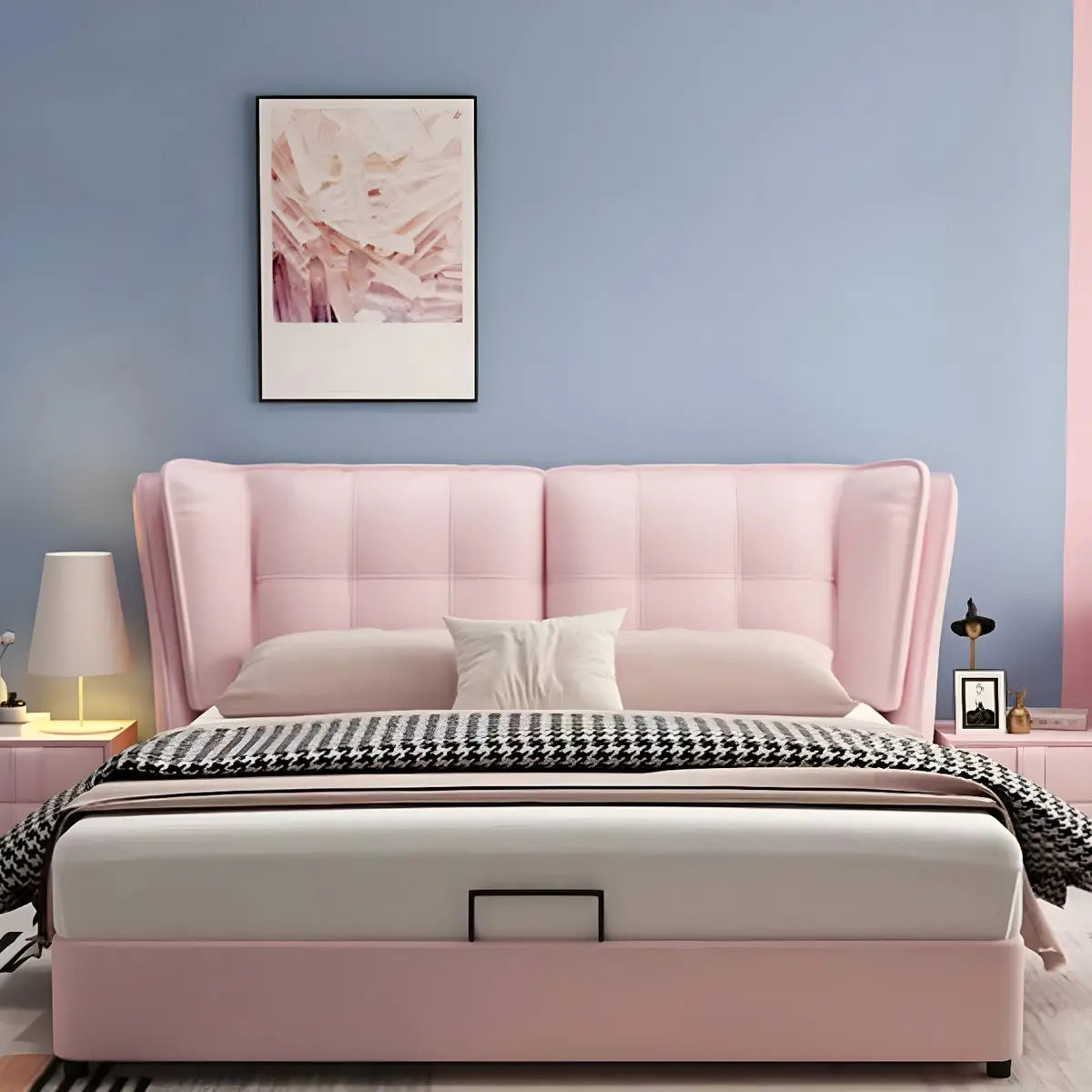 Upholstered Headboard Leather Pink Wingback Bed with Storage Image - 4