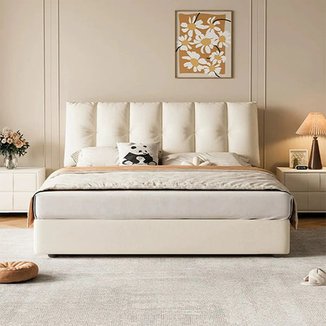 Upholstered Leather White Queen Storage Platform Bed Image - 2