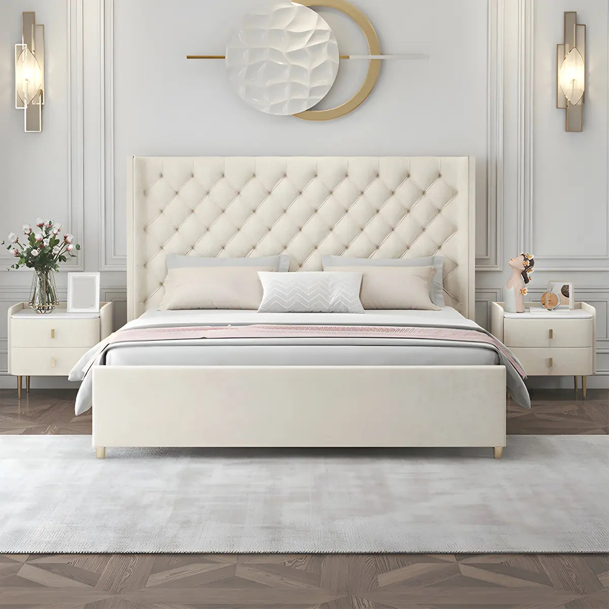 Upholstered White King Wingback Bed with Tufted Headboard Image - 2