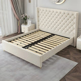 Upholstered White King Wingback Bed with Tufted Headboard Image - 3