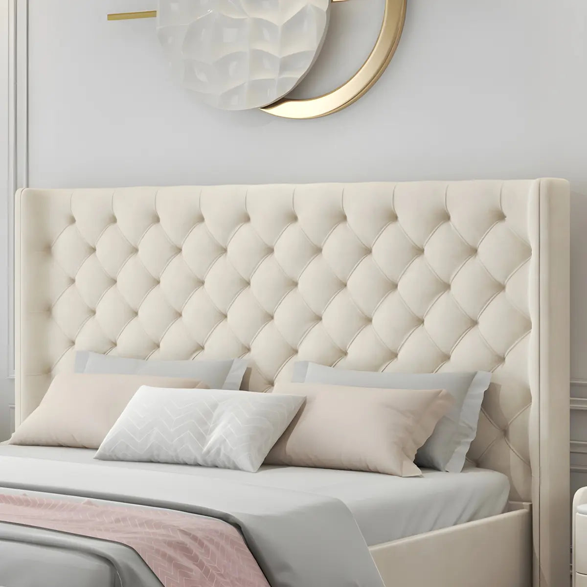 Upholstered White King Wingback Bed with Tufted Headboard Image - 4