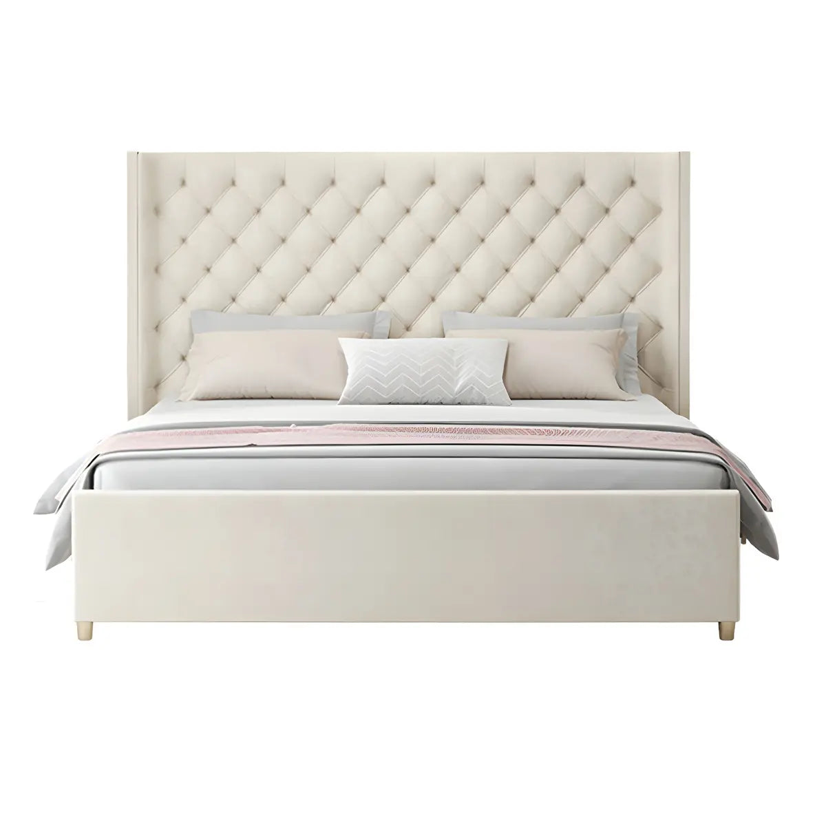 Upholstered White King Wingback Bed with Tufted Headboard Image - 5