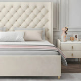 Upholstered White King Wingback Bed with Tufted Headboard Image - 6