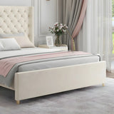 Upholstered White King Wingback Bed with Tufted Headboard Image - 8