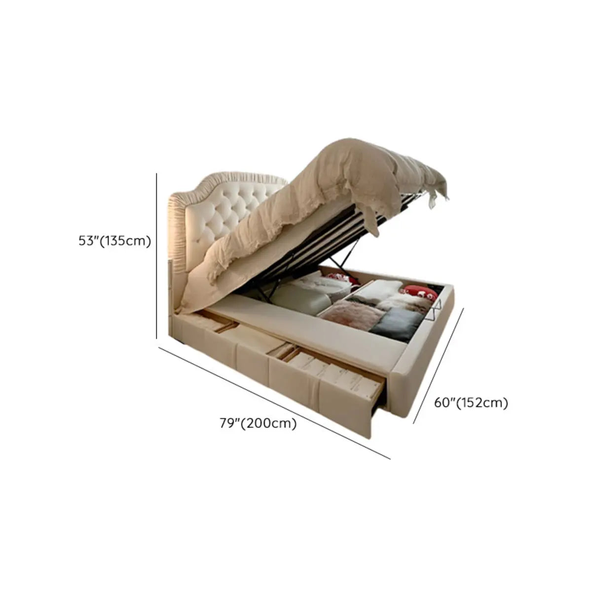 Upholstered White Queen Panel Bed with Lift-Up Storage 