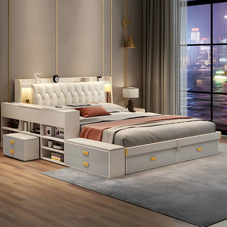 Upholstered White Wingback Bed with Storage and Drawers Image - 1